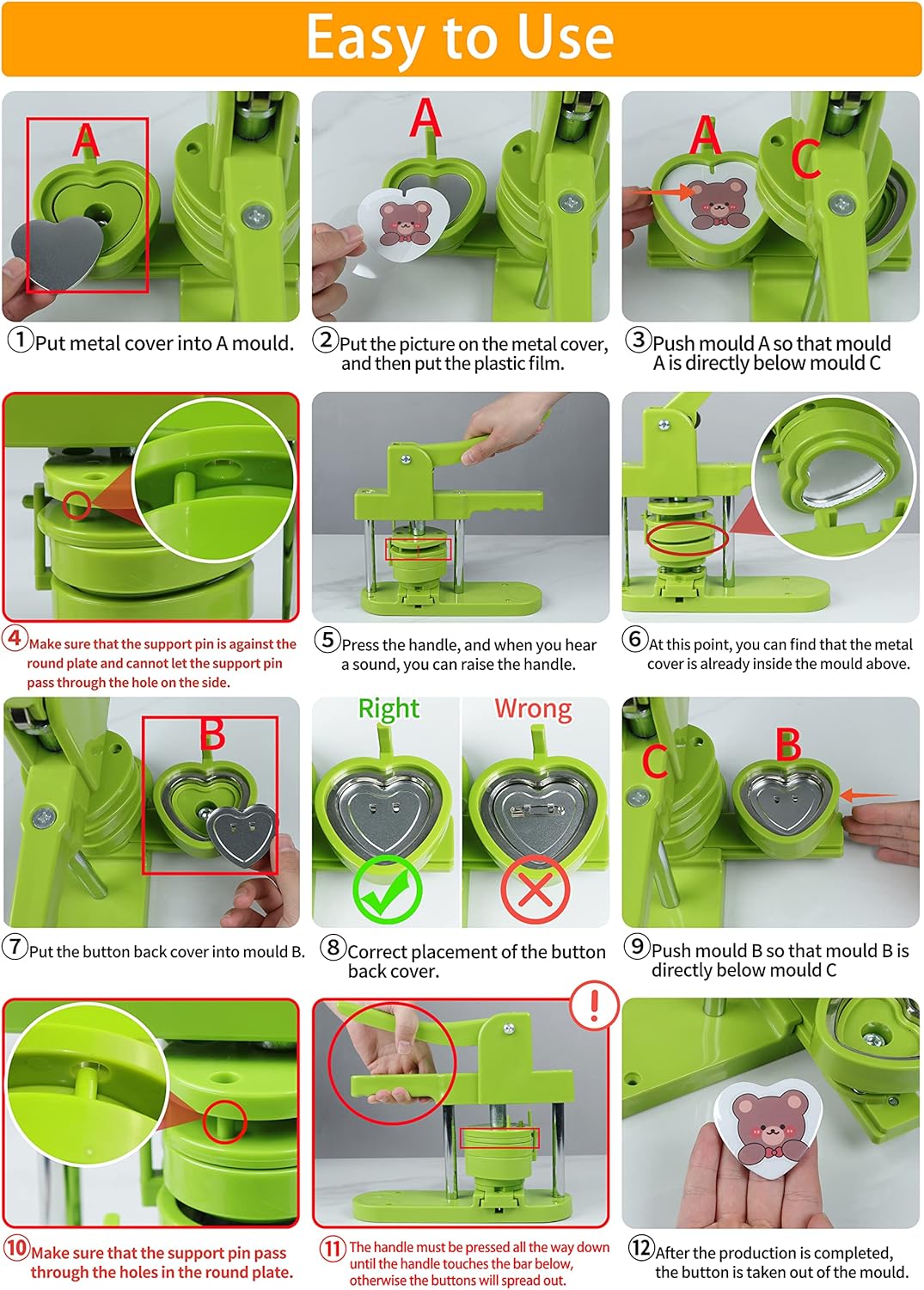 Heart Button Maker Machine Replaceable Badge-Model, DIY Button Pin Maker Kit, Badge Press Machine with 100PCS Heart Badge Making Supplies & Circle Cutter