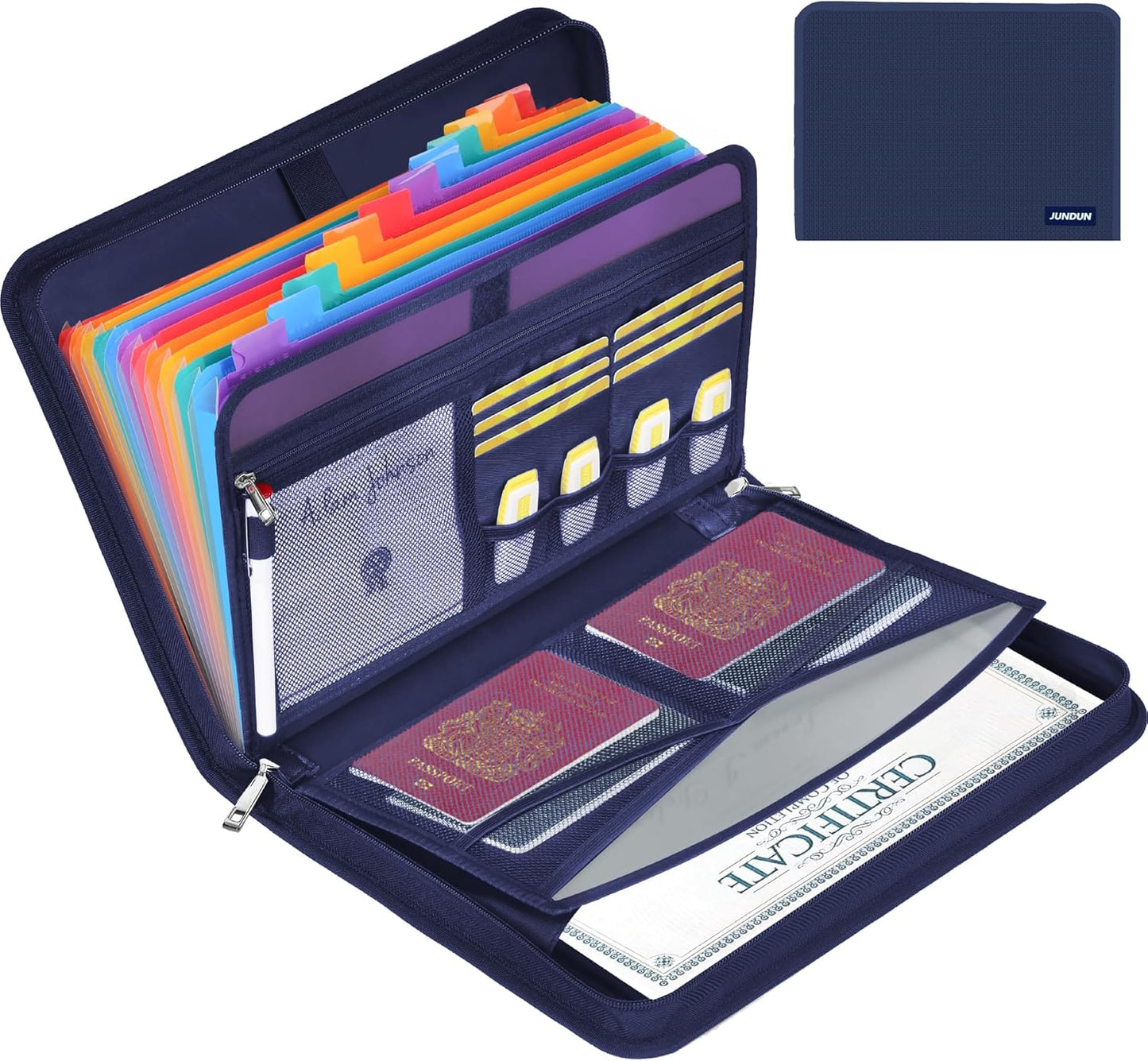 JUNDUN Accordion File Organizer - 12 Pocket Expanding File Folder with Zipper & Labels - Fireproof File Folder Organizer with Multi-Pockets,Document Organizer for Letter A4 Files and More (Blue)