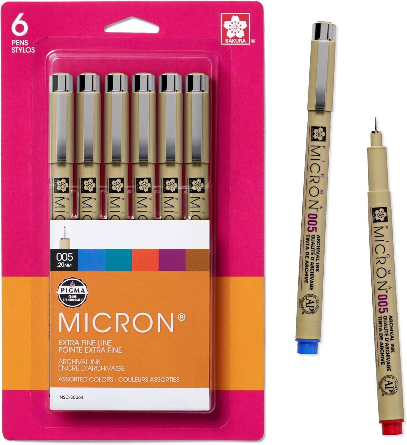 SAKURA Pigma 30064 Micron Blister Card Ink Pen Set, Colors may vary, 2-mm