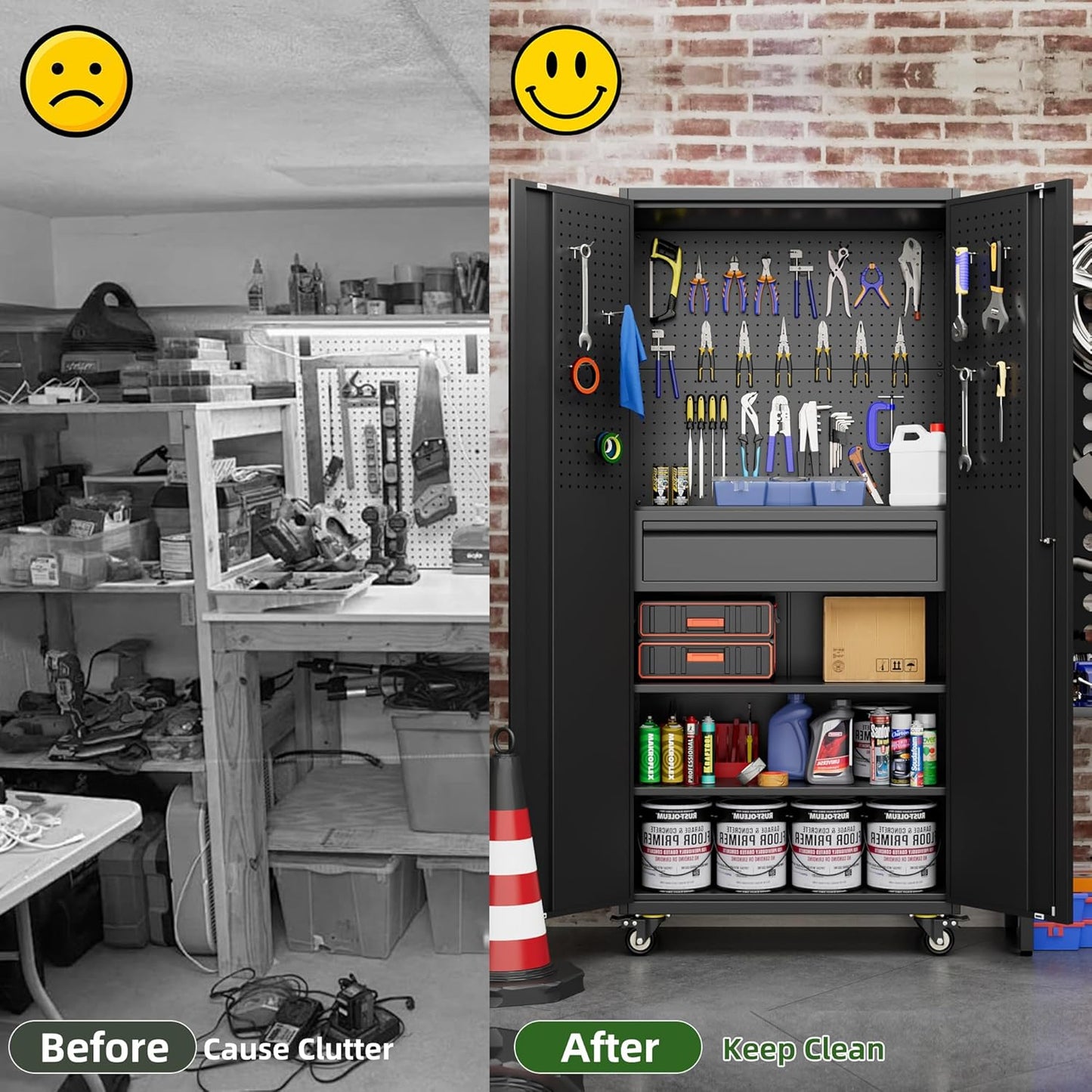 Aobabo Garage Storage Cabinet with Wheels, Metal Tool Storage Cabinet with 1 Drawer for Home,Assembly Required,Black