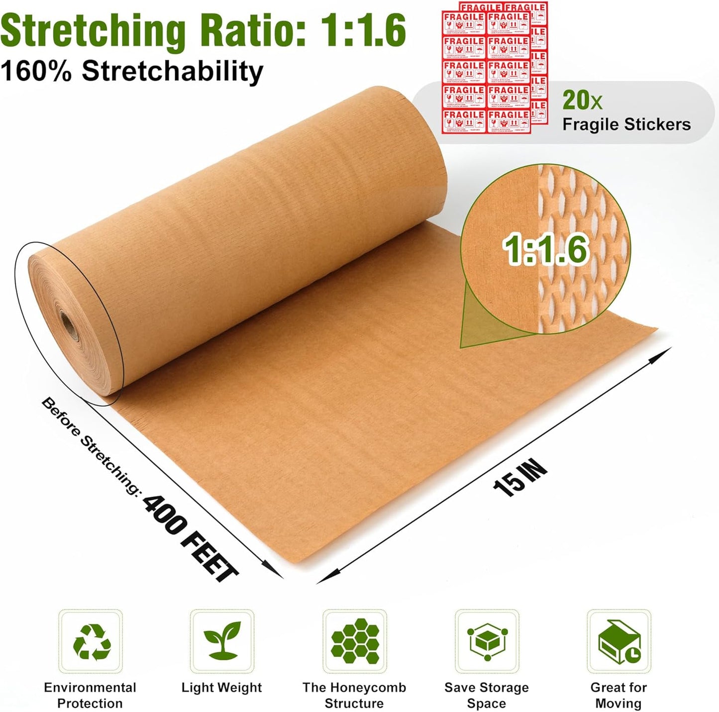Honeycomb Packing Paper 15" Width X 400 FT for Moving Glass Dishes Recyclable Wrapping Paper Bubble Wrap Packing Material for Shipping Fragile Items Shipping Filler with 20 Fragile Stickers