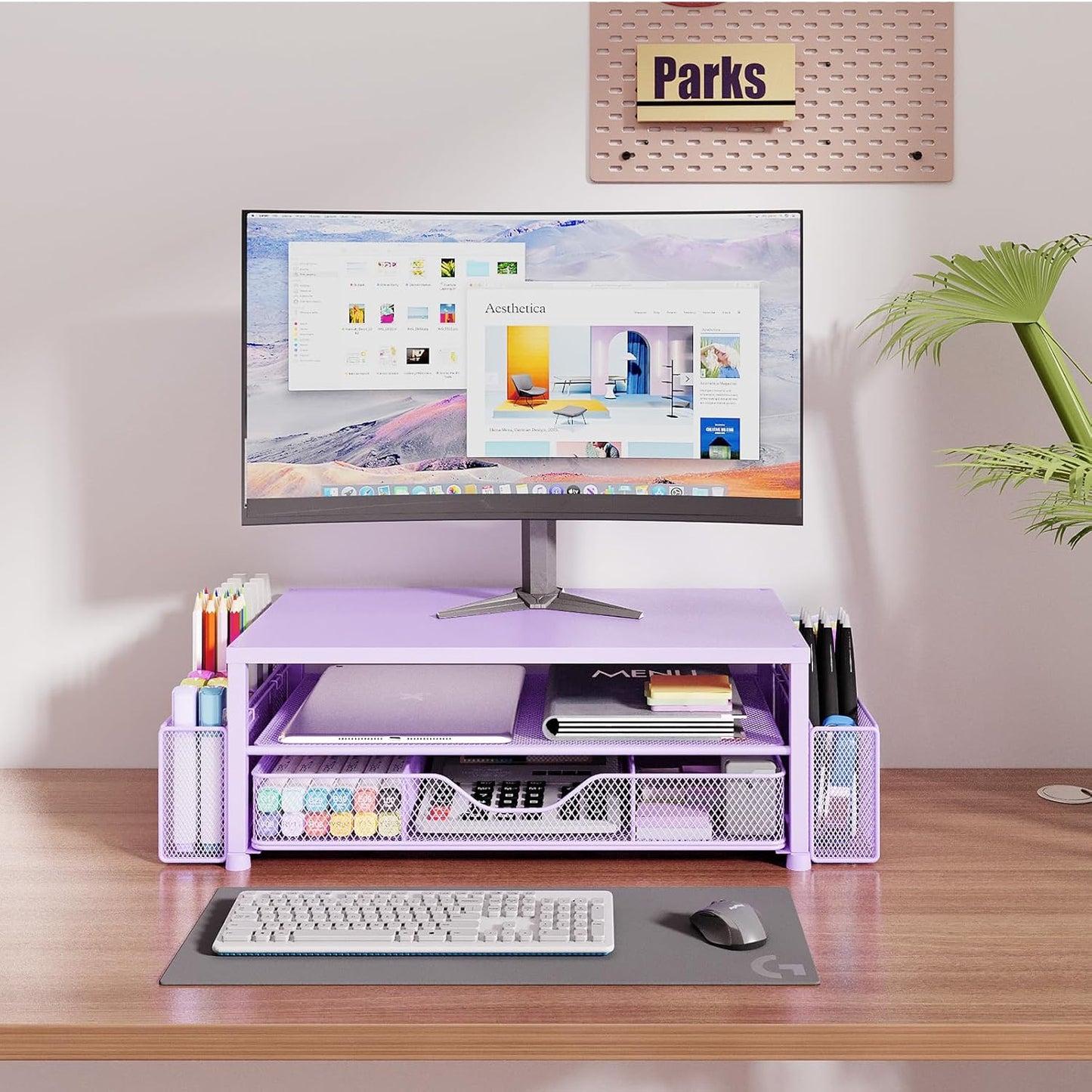 Desk Organizers and Accessories, 2-Tier Computer Monitor Stand Riser with Drawer and 2 Pen Holders, Laptop Stand, Office Desk Accessories for Office Supplies, Purple