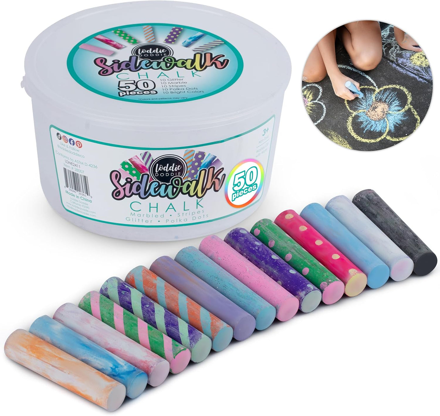 Loddie Doddie-Bucket of Sidewalk Chalk-Long lasting Non-Toxic Jumbo Sticks- Reusable Bucket for hours of fun and creativity with easy clean up! (Multi)