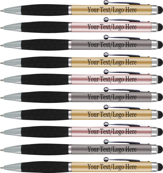 Personalized Pens With your Custom Logo or Text-300 Pack Bulk-for Businesses, Parties, and Events, 2 in 1 Ballpoint Pen & Stylus for Touchscreen Devices, Light Assorted Barrels, Black Ink