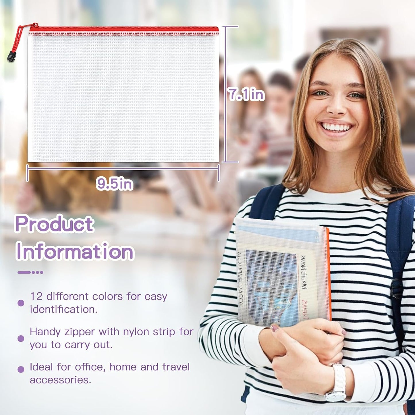 Umriox Small Zipper Pouch, 9.5x7.1 in (12 Colors, 36 Packs), Mesh Bags with Zipper, Storage Bags, Zipper Bags for Office Supplies Travel Storage