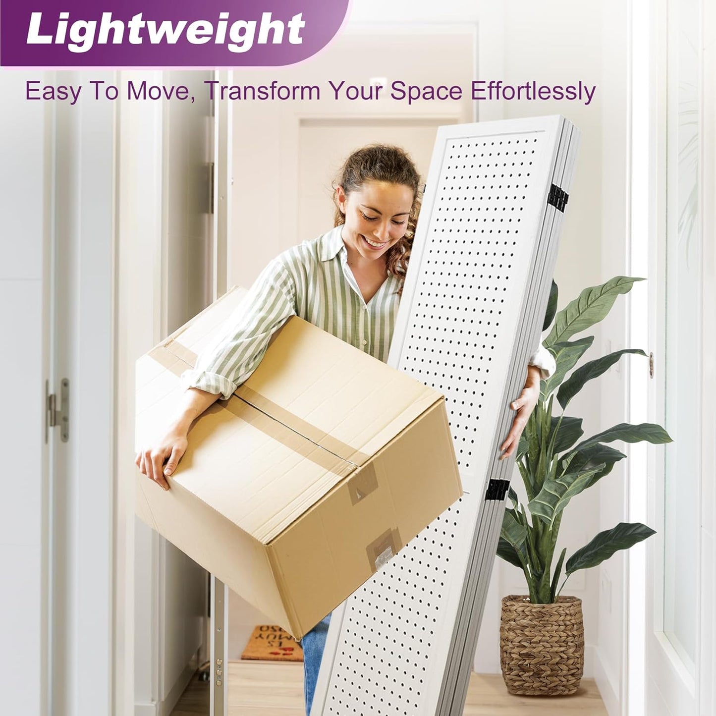 Room Divider, 5.6FT Folding Room Divider Panel, 6 Panel Pegboard Display Wood Partition Wall Divider for Room Separation& Craft Shows, White