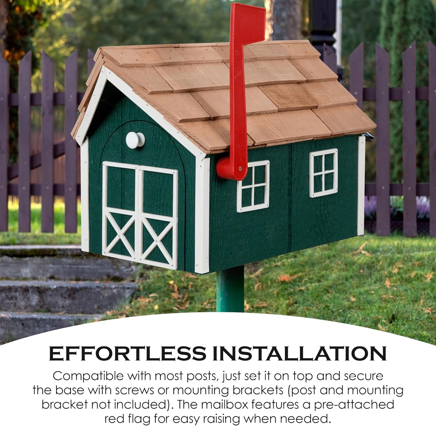 Peaceful Classics Amish Cedar Roof Wooden Mailbox with Window & Door Trim, Handcrafted Mailboxes for Outside, Post Mount Residential Mailboxes - (Red with White Trim)