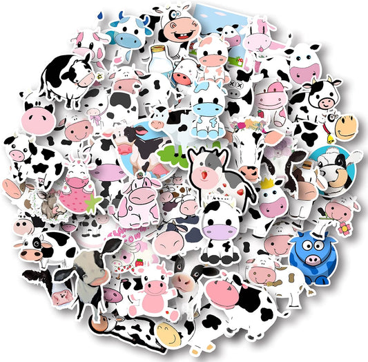 Aowplc 50 Pcs Cow Stickers Pack, Vinyl Waterproof Cute Cartoon Animal Sticker for Kids
