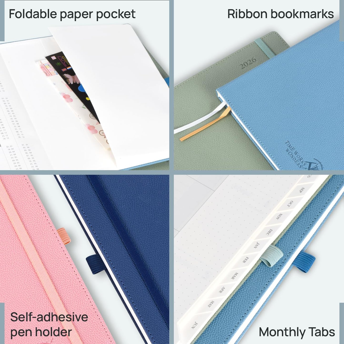 POPRUN Weekly Planner 2026 Calendar (Medium 6.75" x 8.75") 12 Months Notebook with Horizontal Layout, Leather Hardcover, Inner Pocket, 100GSM Thick Paper, Pen Holder - Pacific Green