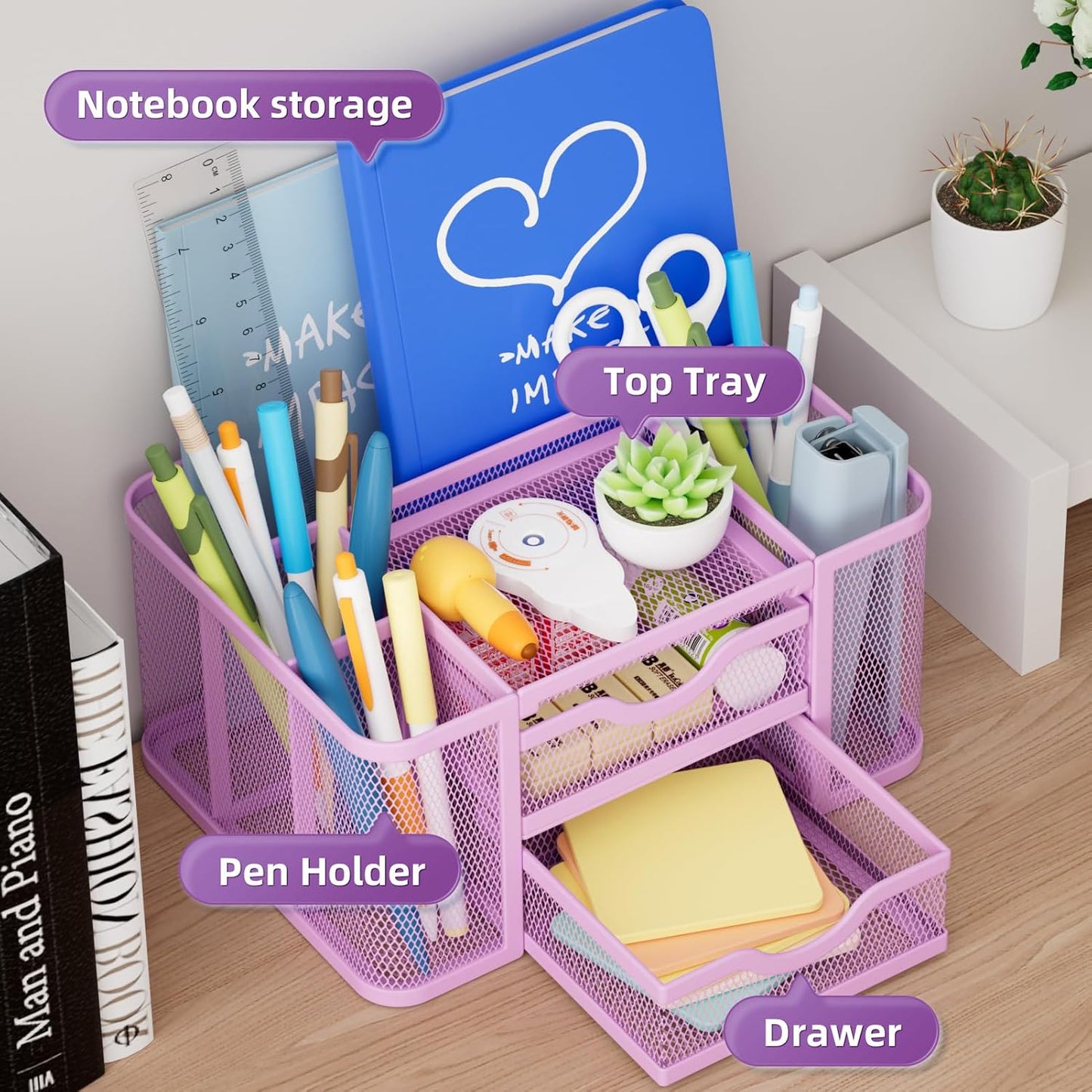 Marbrasse Mesh Desk Organizer, Pen Holder with 2 Drawer, Multi-Functional Pencil Holder, Desk Organizers and Accessories with 5 Compartments + Drawer for Office Art Supplies (Purple)