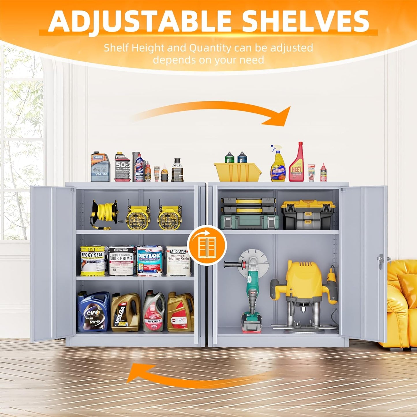 INTERGREAT Metal Cabinet with Lock, Lockable Metal Storage Cabinets with Doors and Shelves for Garage, Cement Grey Locking Garage Storage Cabinets 36"×32"×16"