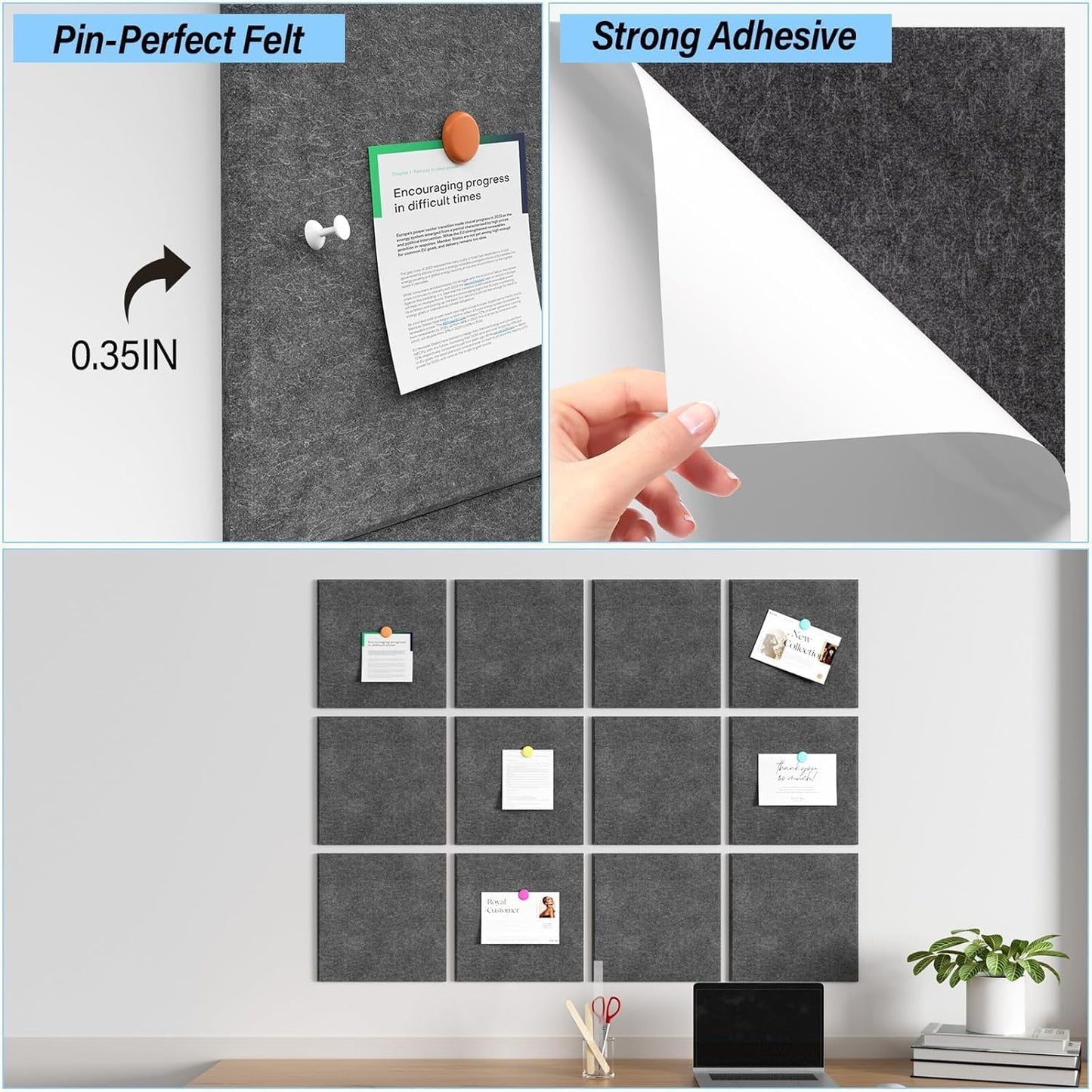 Large Cork Boards for Walls – 48 x 36 Self Adhesive Felt Wall Tiles, Ideal for Office Wall Organizing Bulletin Board, Easy to Install Cork Boards Felt Board