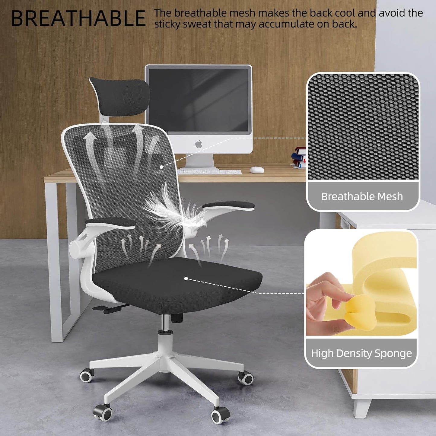 Ergonomic Office Chair, High-Back Mesh Computer Desk Chair with Adjustable Height, Lumbar Support, Flip-Up Armrests,headrest，and Swivel Rolling Design for Home and Office Use
