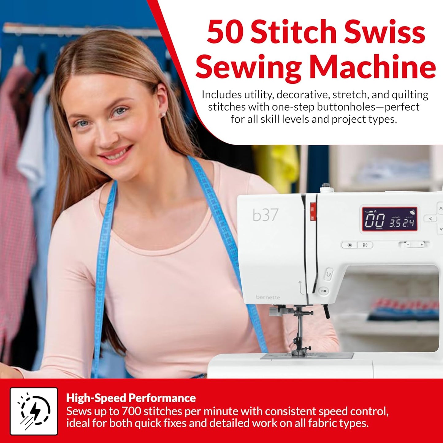 Bernette b37 Sewing Machine with Quilting Kit, Includes Rotary Cutter, Cutting Mat & Non-Slip Acrylic Ruler | LCD Display, LED Light, 50 Stitches, Built-in Needle Threader | For Beginners to Pros