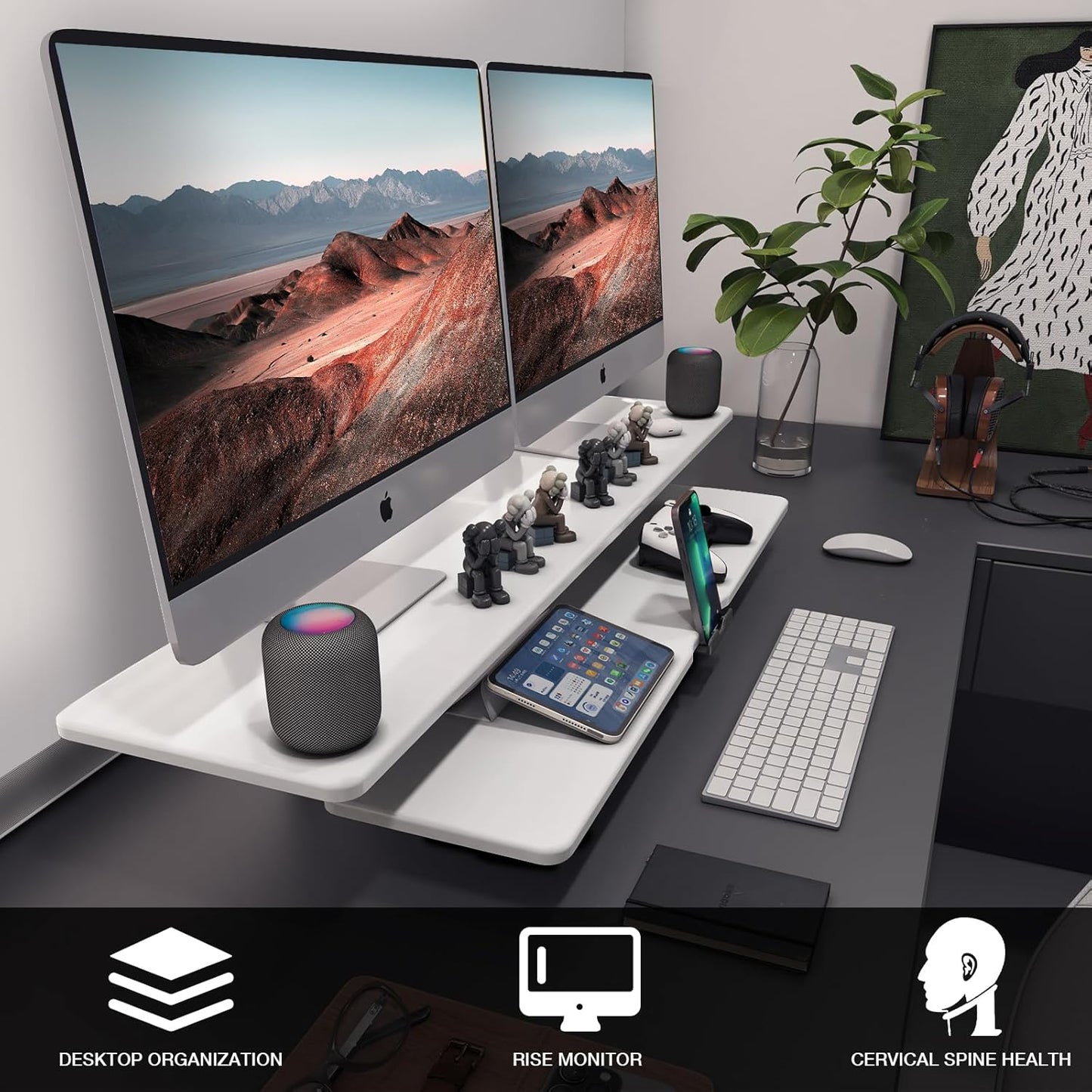 Dual Monitor Stand, 2-Tier Wood Monitor Riser with Storage Organizer and Cable Management, White