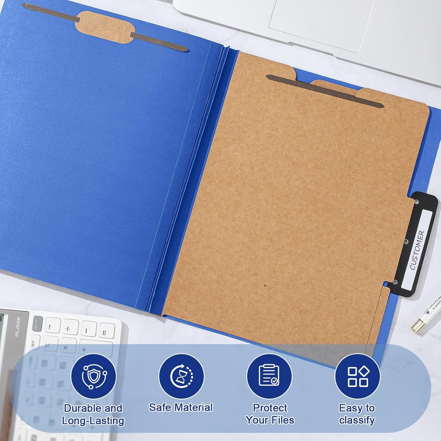 Henoyso 12 Pcs Classification Folders with Prongs, 2 Dividers, 1/3-cut Flat Tab, 3 Inch Expansion, 60 Stickers, Letter Size Blue File Folder with Fasteners for Medical Law Files Office Reports