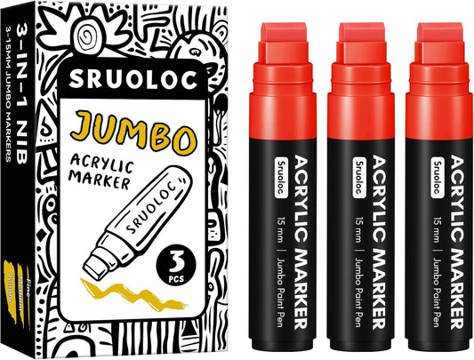 3 Jumbo Permanent Markers Red, 15mm Thick Wide Tip, Large Acrylic Paint Markers for Rock Painting, Poster, Graffiti, Stone, Ceramic, Glass, Wood, Canvas