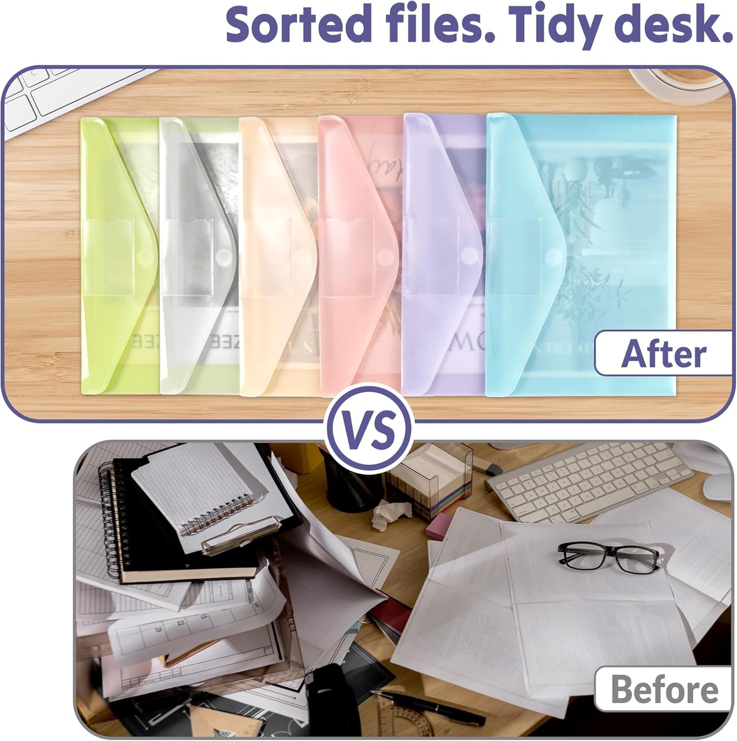 SUNEE 24 Pack Plastic Envelopes, Folders for Document for A4 Letter Size, Poly File Folders with Label Pockets for School Home Office Organizer Work Supplies, 6 Colors