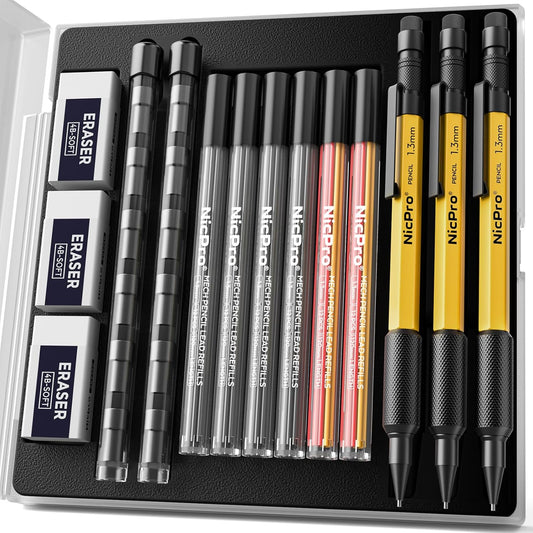 Nicpro 3 PCS 1.3 mm Mechanical Pencil Set with 72 Lead Refills, 3 Eraser - Weatherproof Metal Barrel, Heavy Duty Carpenter Pencil MP2000 for Outdoor Marking Drafting Drawing Woodworking - with Case