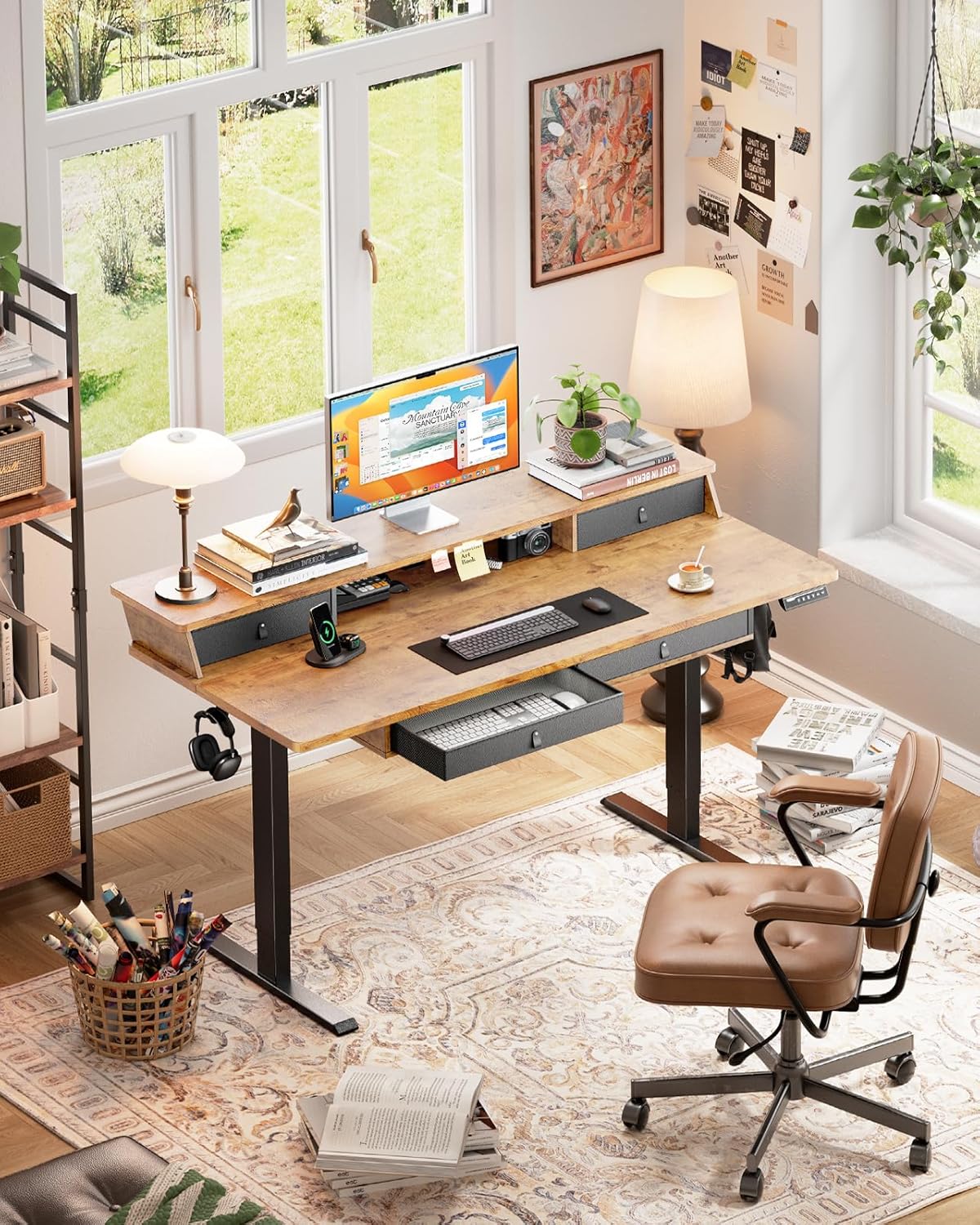 ErGear Electric Standing Desk with 4 Drawers, 55" x 30" Height Adjustable Desk with Storage, C-Clamp Mount Compatible, Computer Home Office Table with Cable Management Tray, Vintage Brown