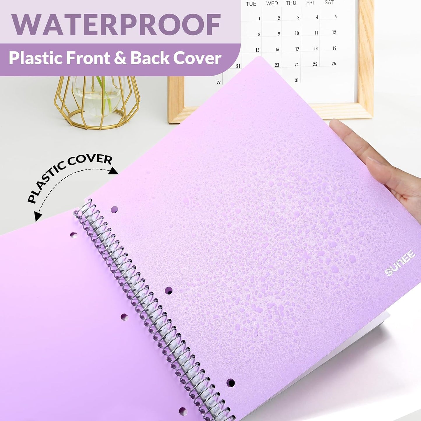 SUNEE 5 Subject Notebook College Ruled - 400 Pages, 9"x11", 5 Pocket Colored Dividers, 3-Hole Punched Paper, Purple