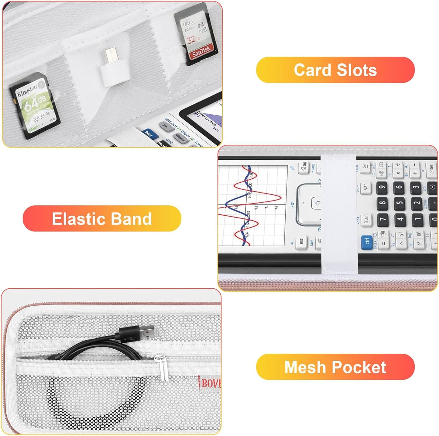 BOVKE Calculator Case for Texas Instruments TI-Nspire CX II CAS/CX II/CX CAS/CX Color Graphing Calculator and More - Extra Mesh Pocket for USB Cables and Other Accessories, White