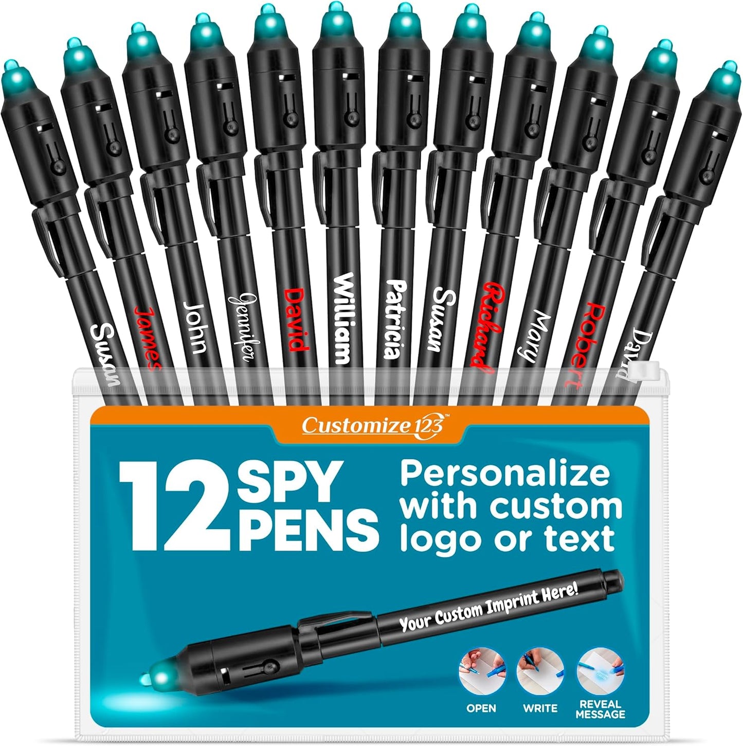 Personalized Invisible Disappearing Ink Pen Marker Pack, Custom Secret Spy Message Writer with UV Light, Fun for Kids Party Favors Gifts and Stock Stuffers, 12 Pack, Black