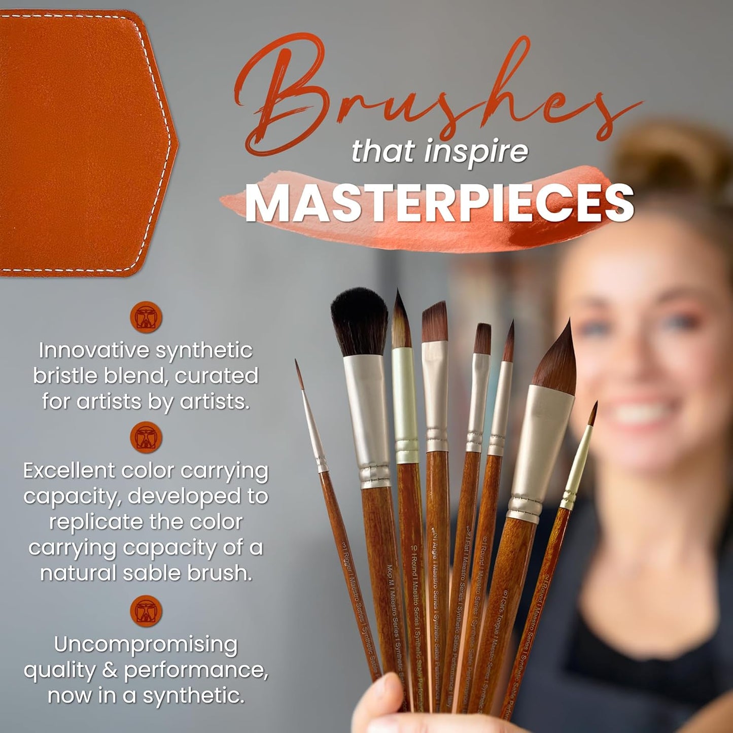 Maestro Series - Sable Watercolor Brushes 8Pcs Kolinsky Sable Performance Brush Set, Outstanding Color Flow, Durable Performance & Precision Shape Retention