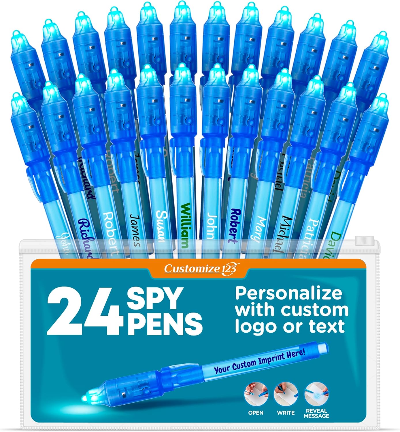 Personalized Invisible Disappearing Ink Pen Marker, Custom Secret Spy Message Writer with UV Light, Fun Activity Entertainment for Kid Party Favors Ideas Gifts and Stock Stuffers, 24 Pack, Blue