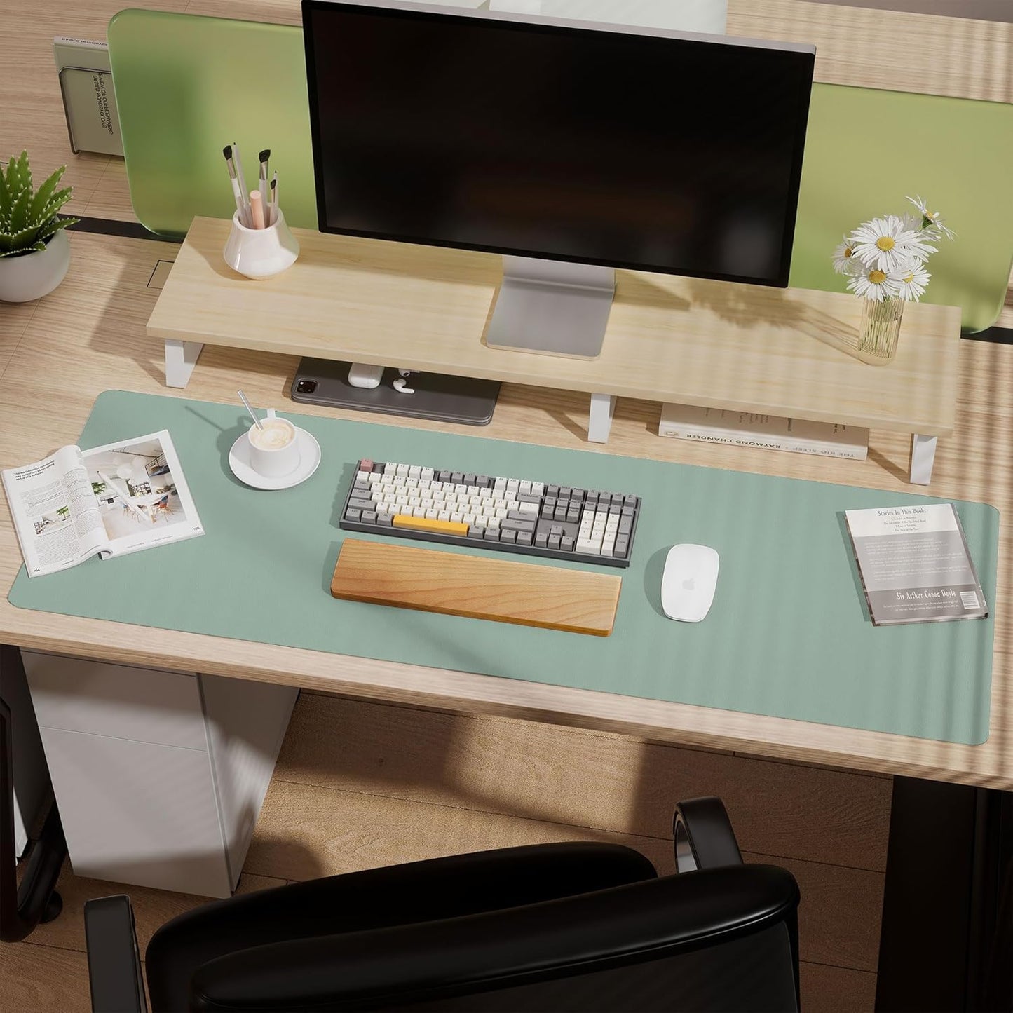 Aothia Leather Desk Pad Protector, Office Desk Mat, Large Mouse Pad, Laptop Desk Pad, Non-Slip PU Leather Desk Blotter, Waterproof Desk Writing Pad for Office and Home (Light Blue, 47" x 17")