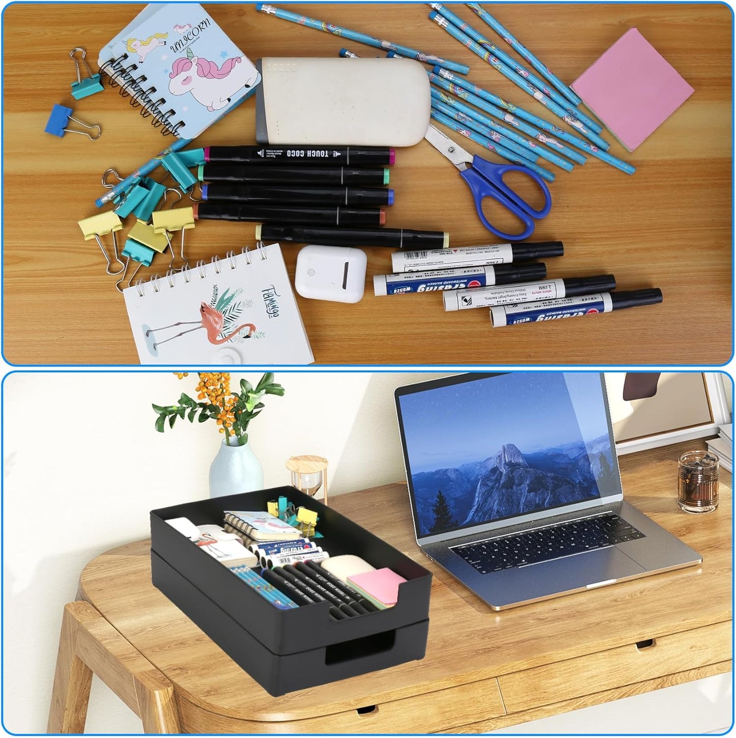 Letter-Size Tray, 2PCS Plastic Stackable A4 Paper Tray, Desk Drawer Organizer, Multi-use Large Storage Basket for Office Home Supplies,13 x 9.6 inch