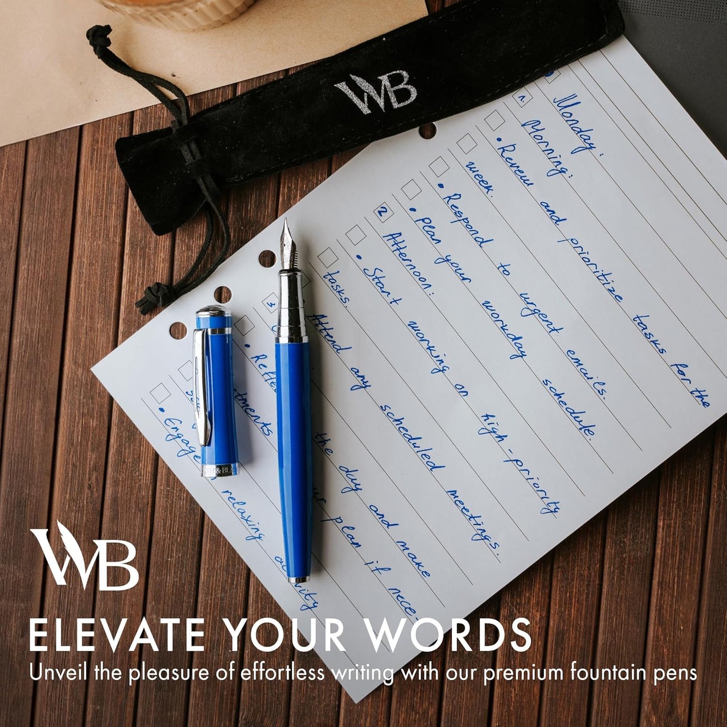 Wordsworth & Black Fountain Pen Set, Medium Nib, Includes 24 Pack Ink Cartridges, Ink Refill Converter & Gift Pouch, Chrome Finish, Calligraphy, [Imperial Blue], Perfect for Men & Women