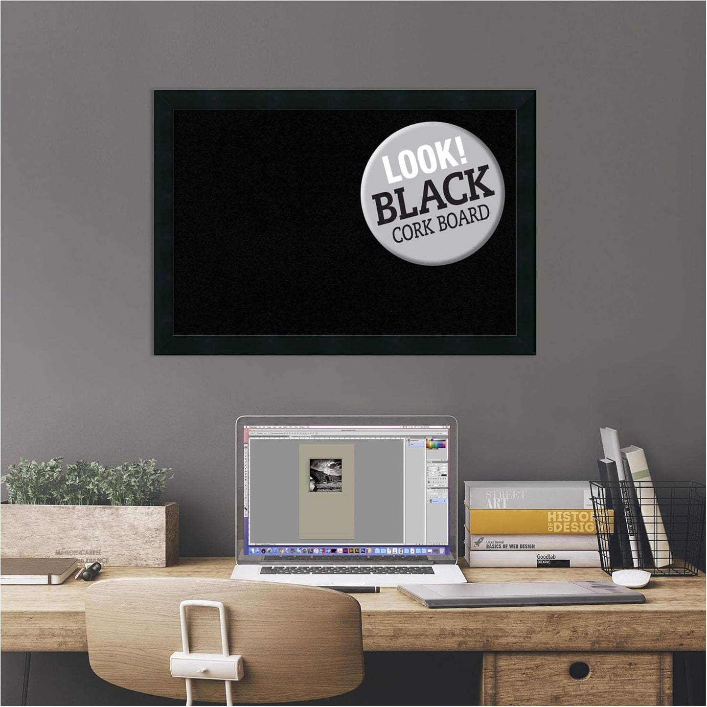 Amanti Art Black Cork Board for Wall, 18x26 Vision Board with Black Wood Frame, Medium Corkboard Office Decor for Home Organization, Modern Contemporary Corkboard Pinboard to display items for home