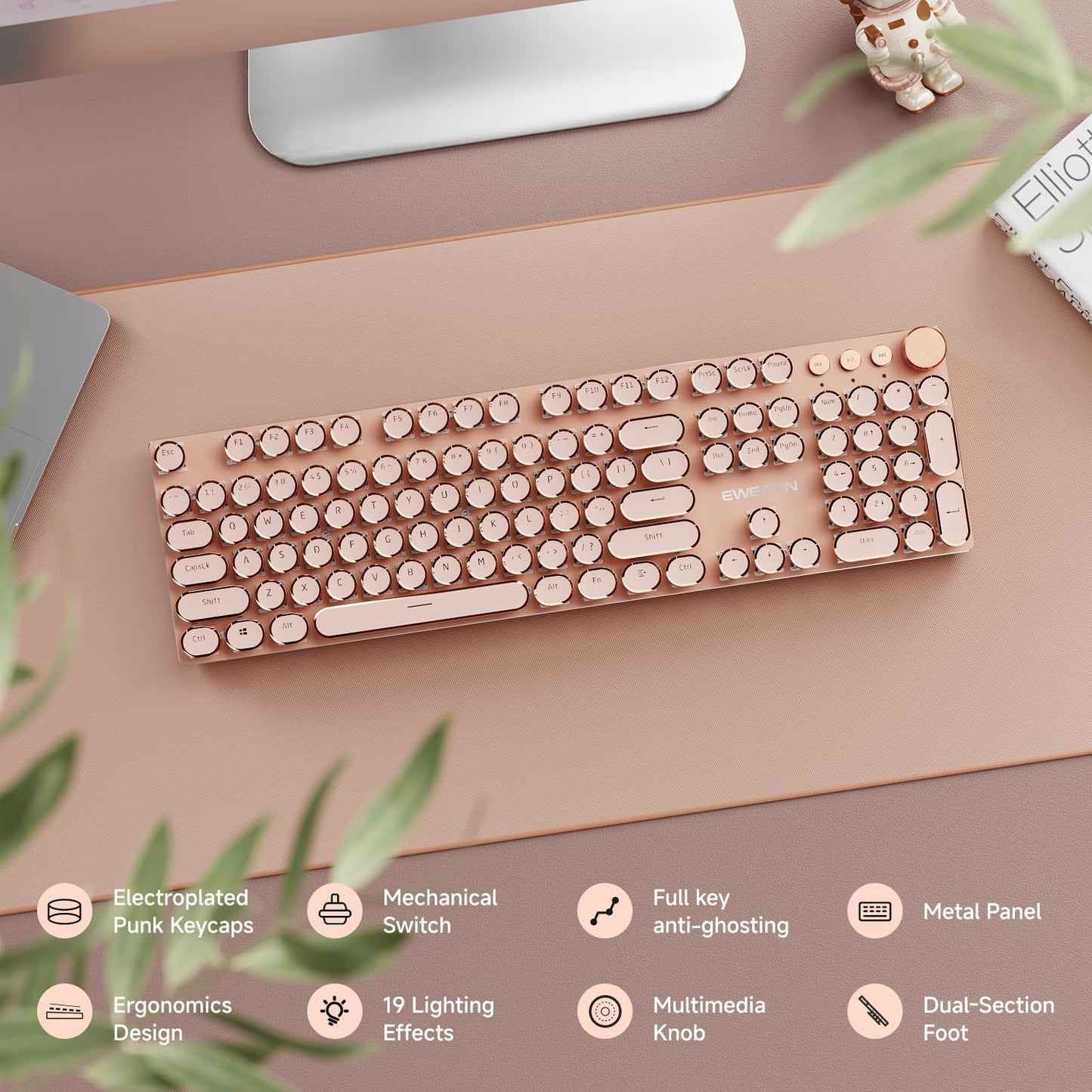 EWEADN Typewriter Style Mechanical Gaming Keyboard, Wired Mechanical Keyboards,104 Keys Backlit LED Keyboards, Media Control Knob, Wired Computer Keyboard Pink Switch for Windows/Mac/PC-Pink