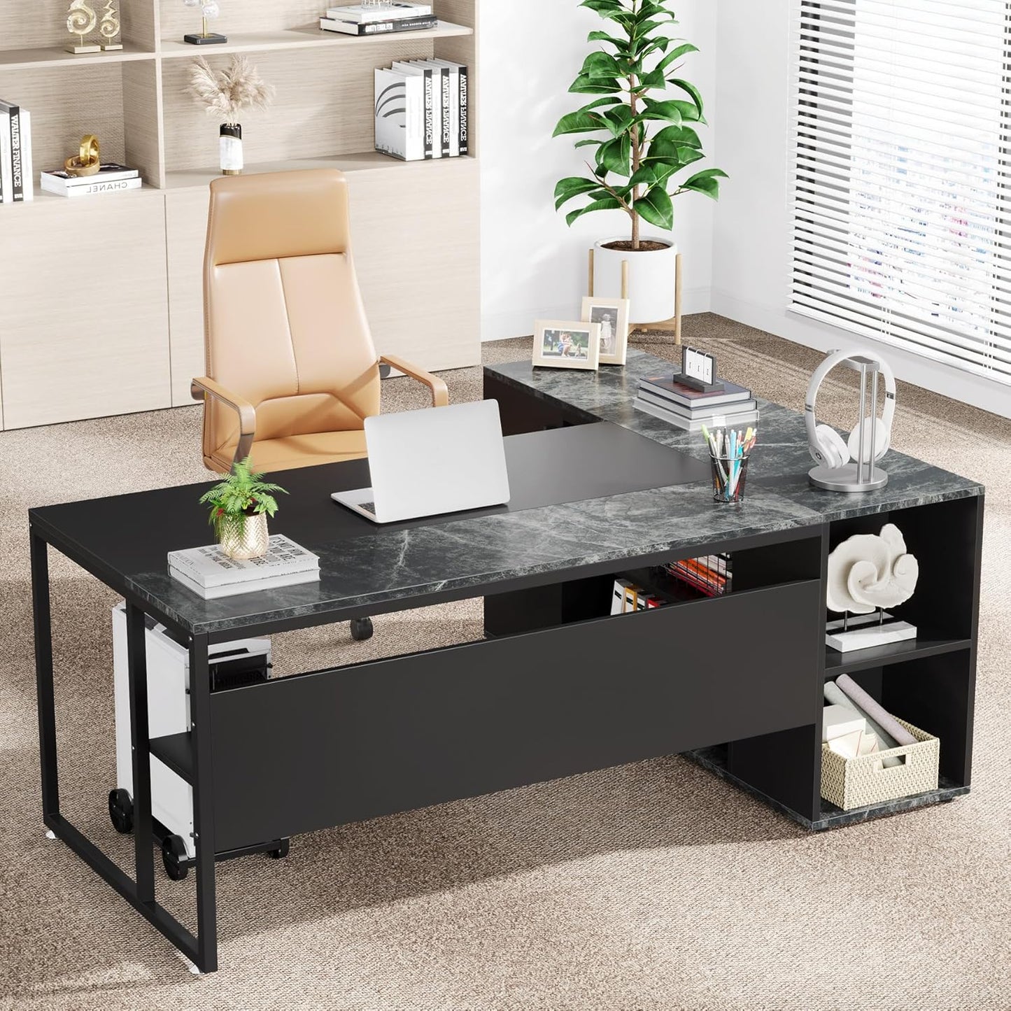 Tribesigns 71 inch Executive Desk, L Shaped Desk with Cabinet Storage, Executive Office Desk with Shelves, Business Furniture Set Workstation for Home Office, Black