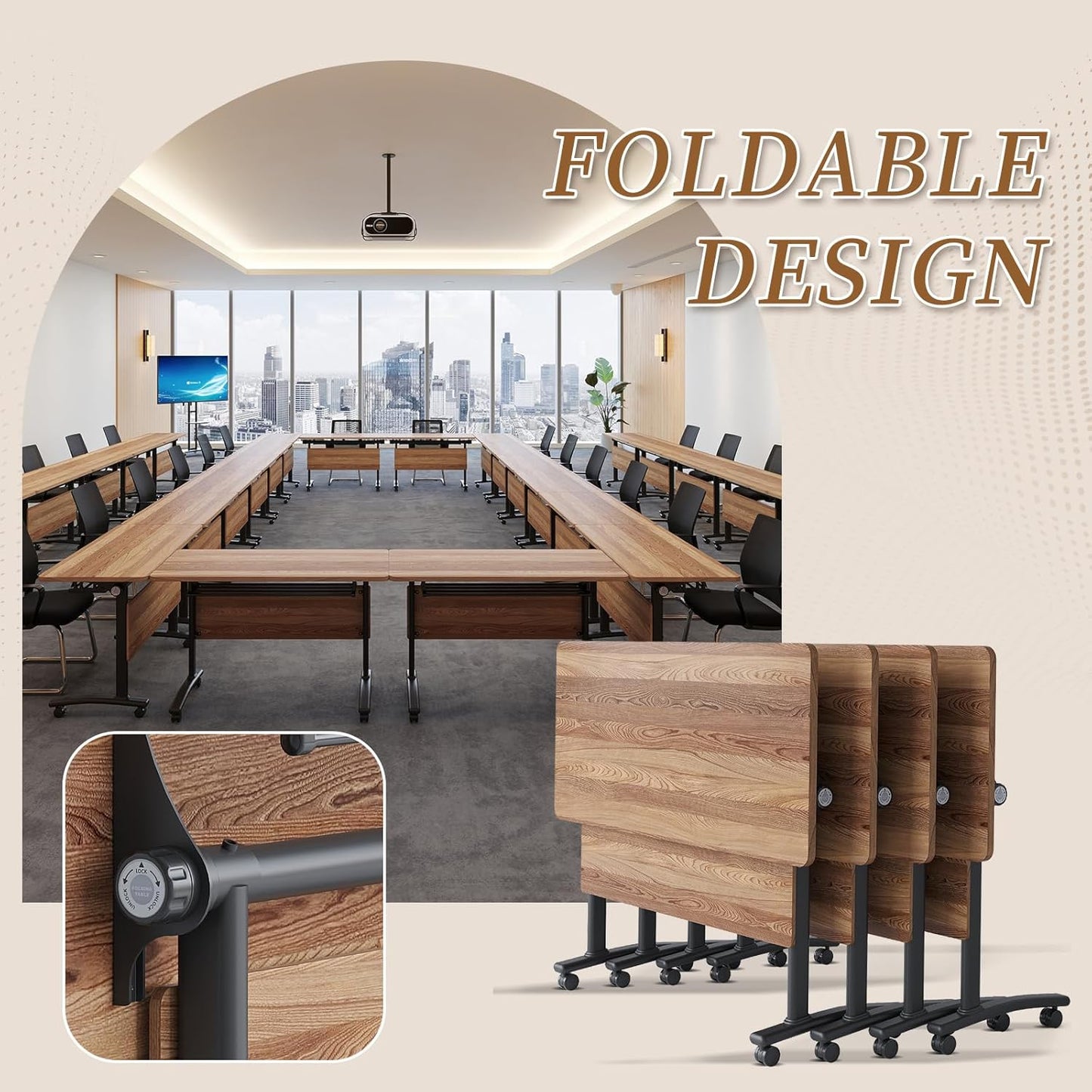 Folding Conference Room Table, Modern Conference Tables with Silent Wheels, Large Rectangular Mobile Training Tables for Office Classroom, Foldable Modular Boardroom Seminar Table (4pack L63in)