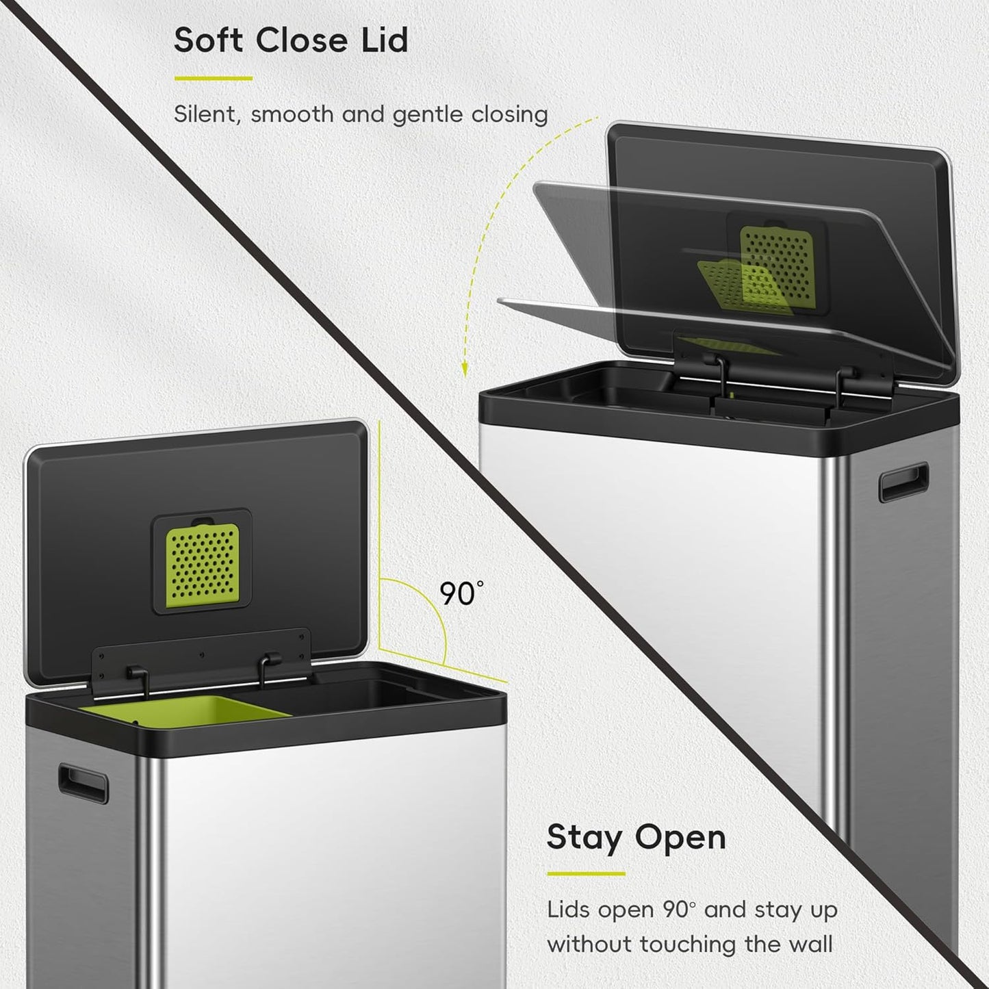 EKO EcoCasa II Rectangular Kitchen Step Trash Can, 20L+20L Dual Compartment Recycling Bins, Stainless Steel Lid and Pedal, Odor-Proof, Fingerprint Resistant