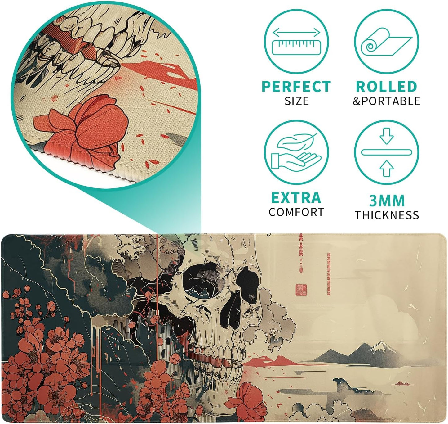 Japanese Ukiyo-e XL Anime Big Mouse Pads Large Skull Gaming Mouse Pad for Men Desk Pad with Stitched Edges Non-Slip Large Computer Mat, 31.5x11.8 in