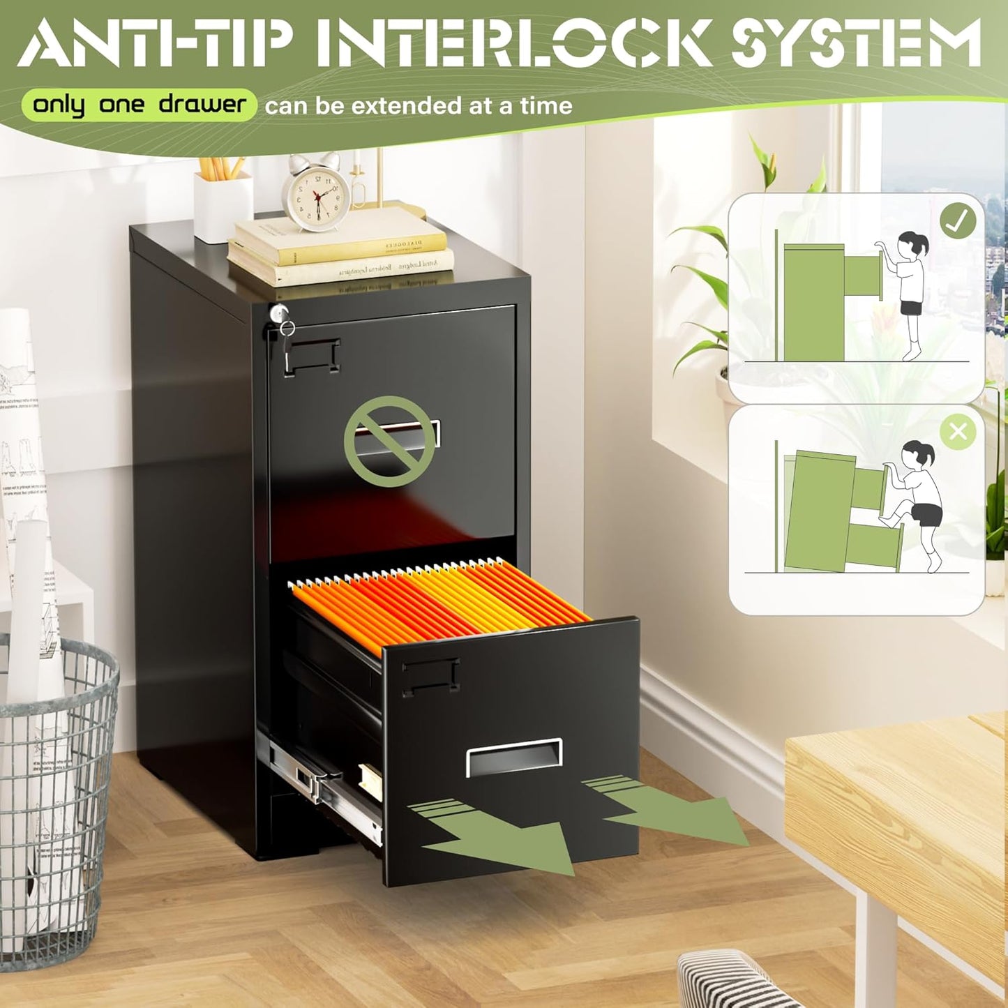 Crownland Lateral File Cabinet with 2 Drawers, 15" W Metal Lockable Office File Cabinets for Home Office- Stores Letter/Legal/A4/F4 Files(Black)