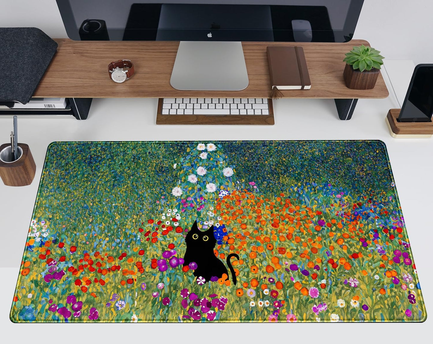 Desk Pad Cute Black Cat Oil Painting Art Floret Desk Mat Office Desk Decor Large Mouse Pad Gaming, XL Mousepad Women Office Desk Decor Laptop Keyboard Mouse Pads with Stitched Edges Mat 31.5x15.7 in