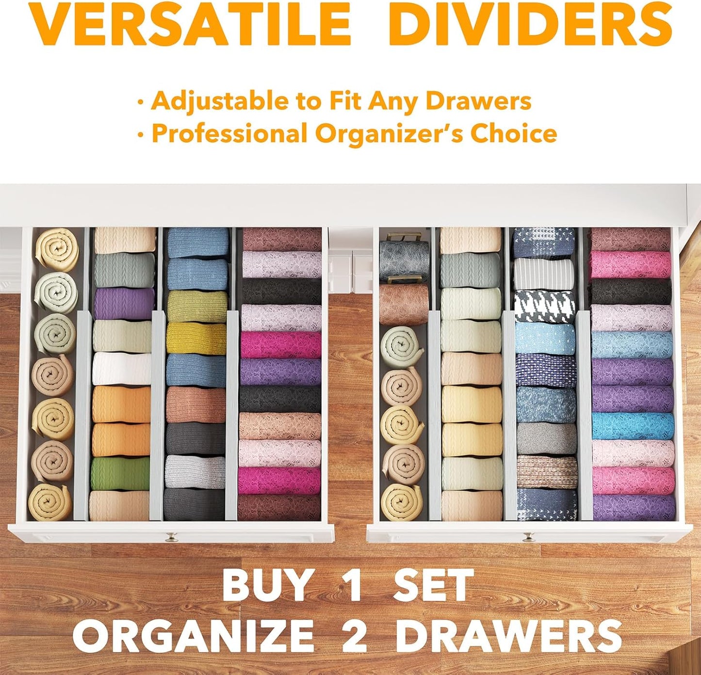 SpaceAid Bamboo Dresser Drawer Dividers 6 Pack, 4.65“ High Adjustable 12.5“-17” Drawer Organizers, Expandable Organization for Clothing, Clothes, Dressers, Gray