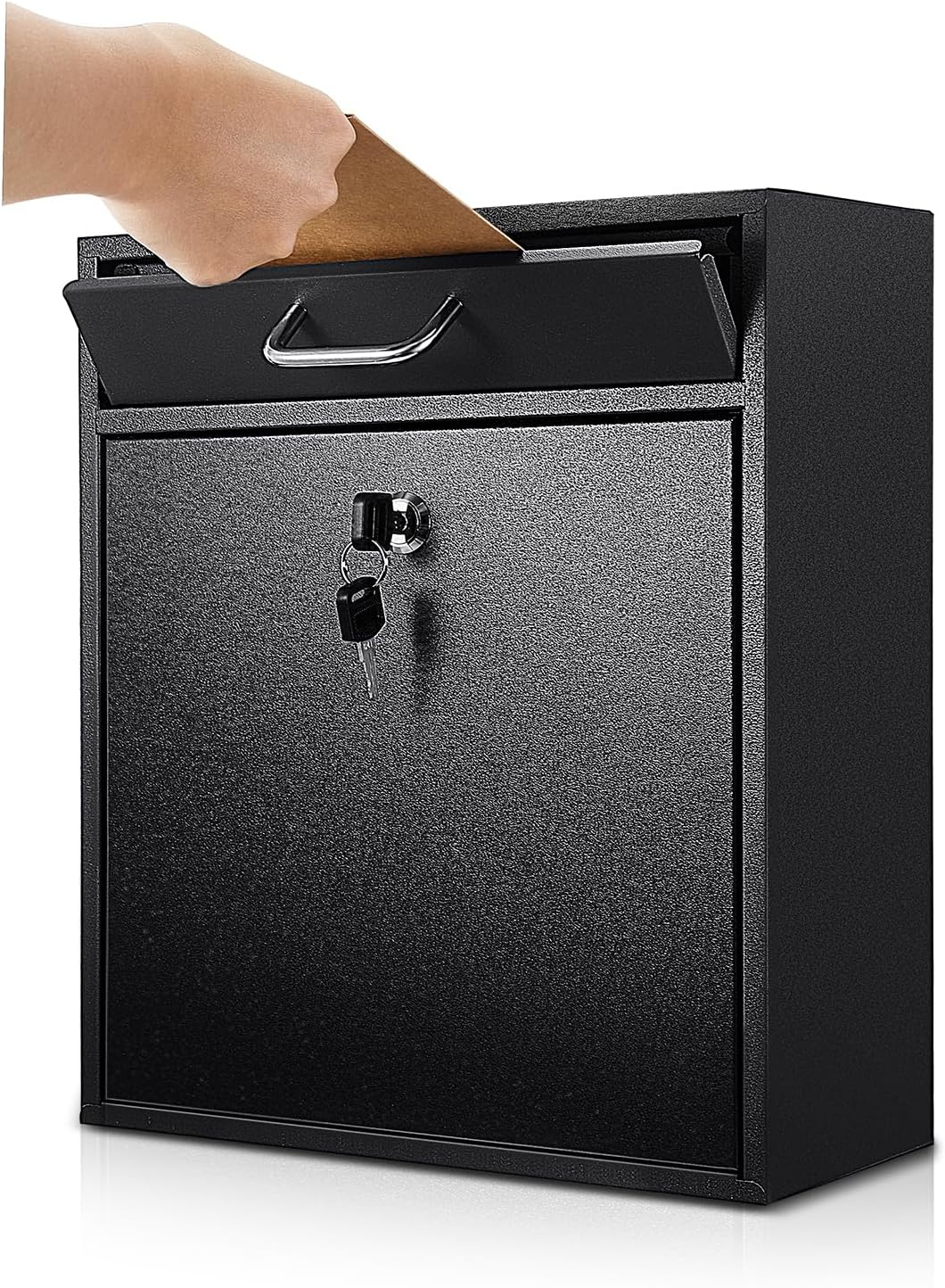 Locking Mailbox with Key for Outdoor 12 x 10.5 x 4.7 Inches Large Wall Mount Mail Box with Lock Security Mail Drop Metal Collection Boxes Hanging Secure Postbox(Black)
