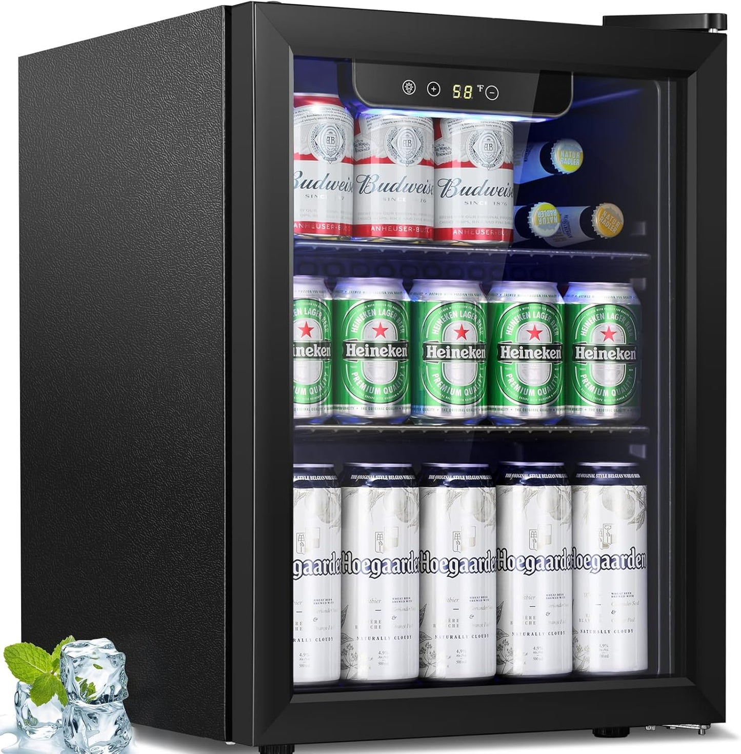 Antarctic Star Beverage Refrigerator Cooler-68 Can 16 Bottle Mini Fridge for Soda Beer Wine Champagne,Glass Door, Drink Dispenser, Knob Control,for Home and Bar,1.7Cu.Ft,Black