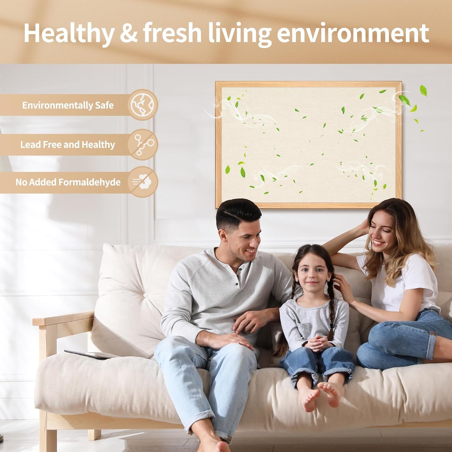 SHANTRA 24 x 18 Inch Bulletin Board with Beige Fabric, Wood Framed Canvas Cork Board, Corkboard for Walls with 10 Pins, Decorative Vision Board, Wall Mounted Notice Board for Home, Office, School