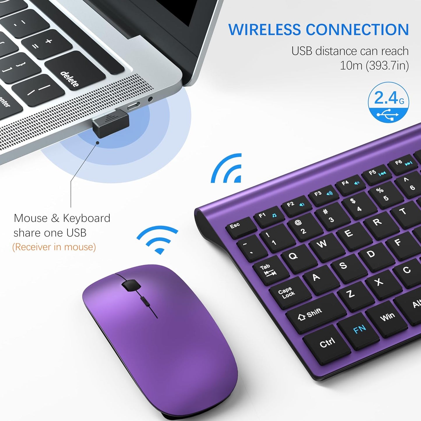 Wireless Keyboard and Mouse Ultra Slim Combo, TopMate 2.4G Silent Compact USB 2400DPI Mouse and Scissor Switch Keyboard Set with Cover, 2 AA and 2 AAA Batteries, for PC/Laptop/Windows/Mac-Purple Black