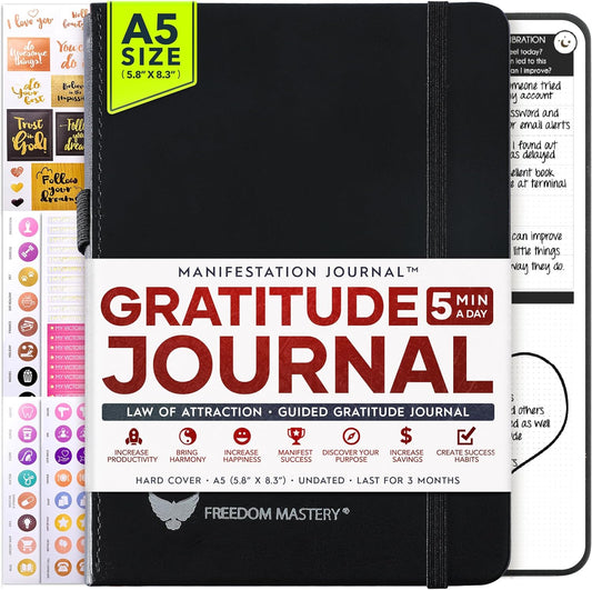Gratitude Journal for Women & Men - 5 Minute Self Care Journal | 90-Day Undated Daily Planner for Positivity, Affirmations & Manifestation | Guided Mindfulness, Reflection | Vision Board + Stickers