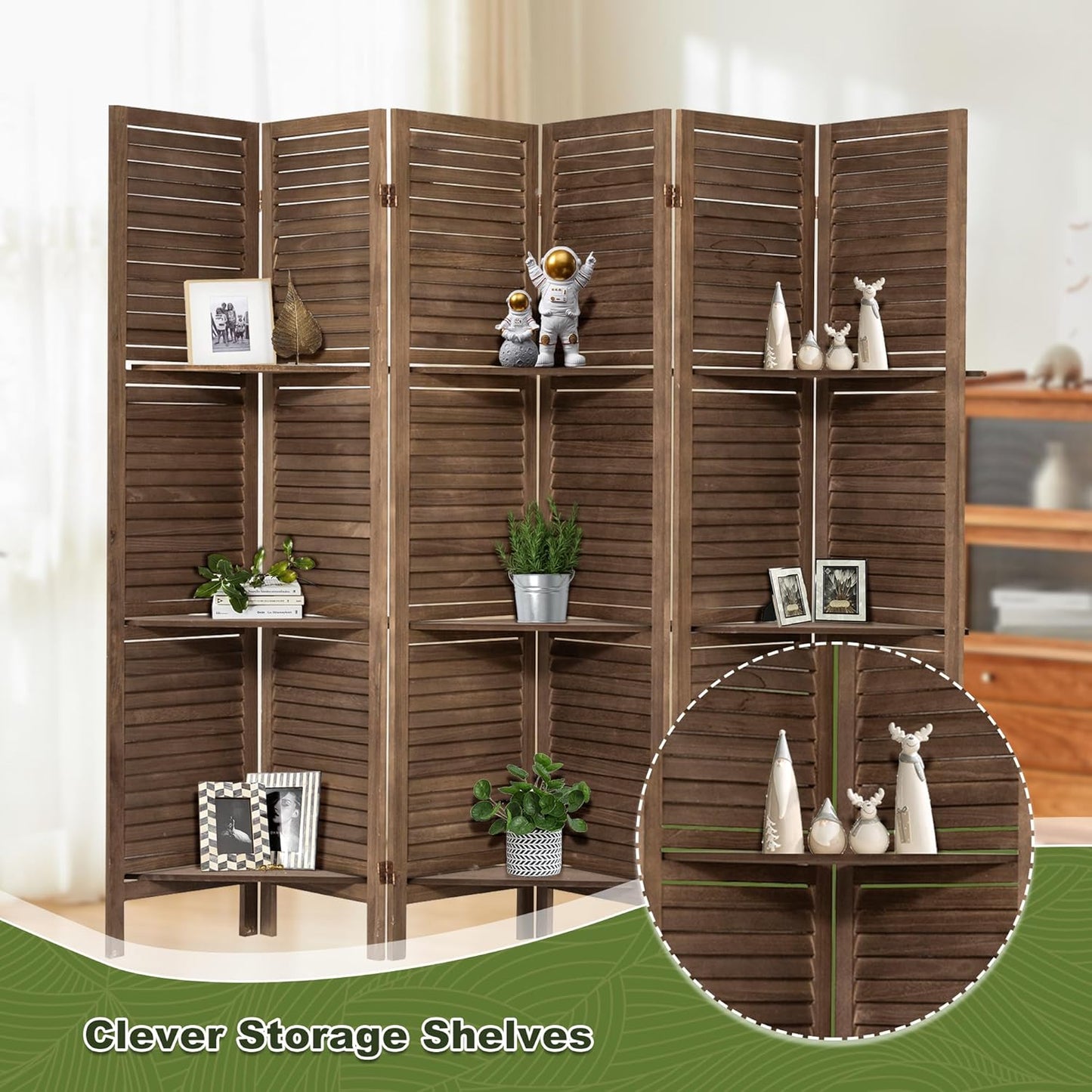 NicBex 6 Panel Room Divider,5.6FT Wood Carved Room Dividers with Display Shelves Folding Privacy Screens Portable Freestanding Partition Wall Dividers for Room Separation, Bedroom Office,Dark Brown