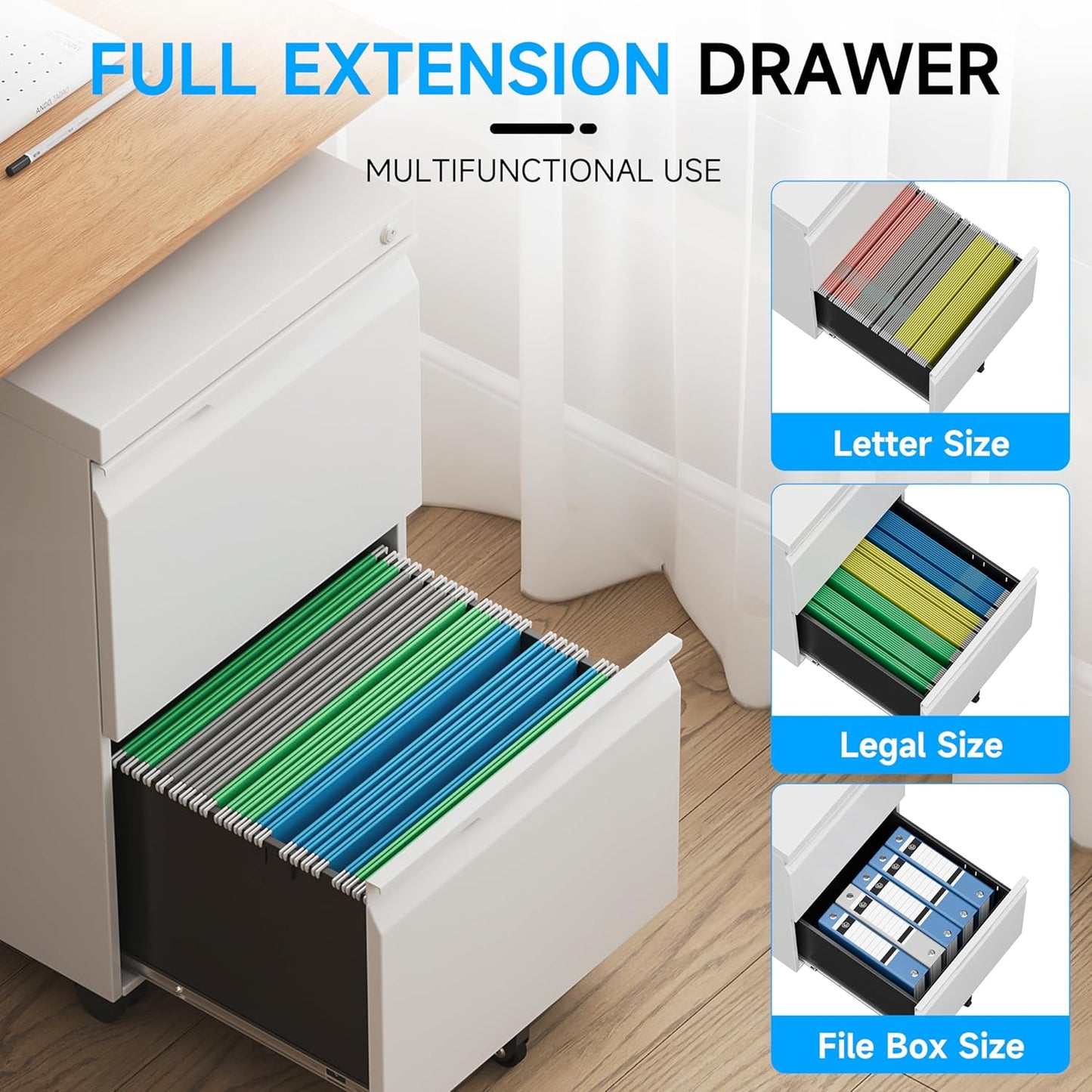 Bestoo 2 Drawer Mobile File Cabinet with Lock, File Cabinet on Wheels for Letter/Legal/A4 File, Metal Rolling File Cabinets for Home Office (White)