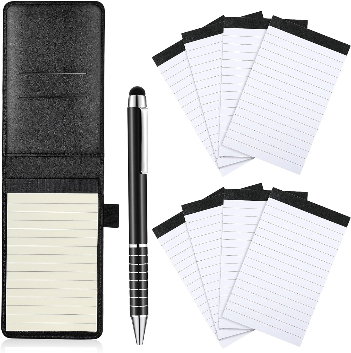 Outus 10 Pcs Pocket Notebook with Pen Set Included Mini Pocket Notepad Holder with 50 Lined Sheets, Metal Pen, 8 Pcs 3 x 5 Inch Memo Book Refills, 30 Lined Paper Per Note Pad (Black)