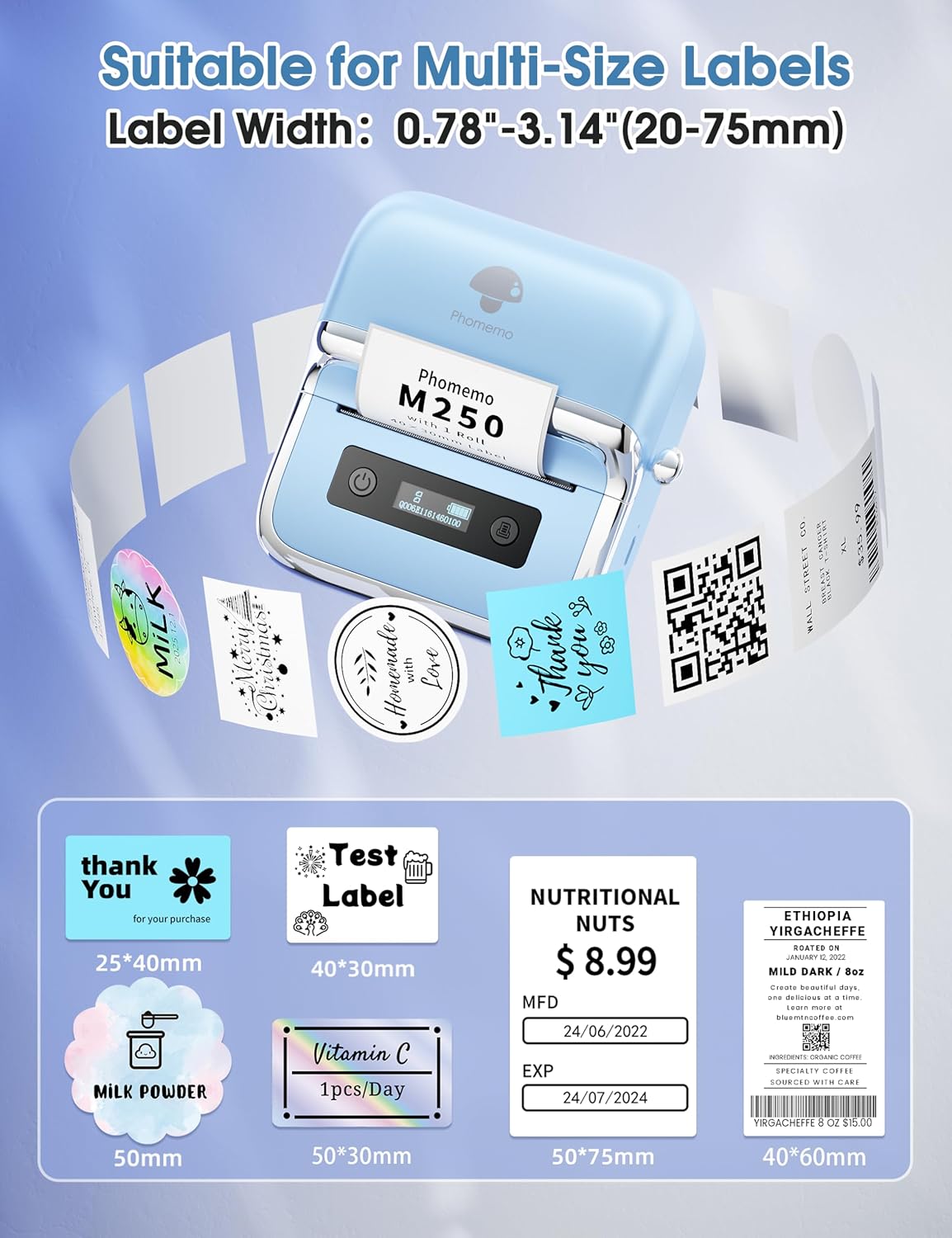 Phomemo M250 Label Maker, 3" Thermal Barcode & Address Printer - Portable Label Maker for Business, Home & Logos, Sticker Printer Compatible with Phones & PCs, with 100 Labels, 40x30mm